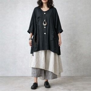 Kaliyana Lagenlook Jacket Linen Blend Oversized Cocoon Black Artwear Fit XL 2X